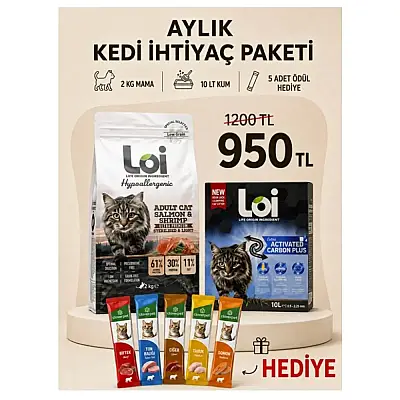 Loi Aylık Kedi İhtiyaç Paketi – 2 KG Kısır Somon Ve Karides Mama + 10 KG Kum + 5’li Karışık Ödül Maması