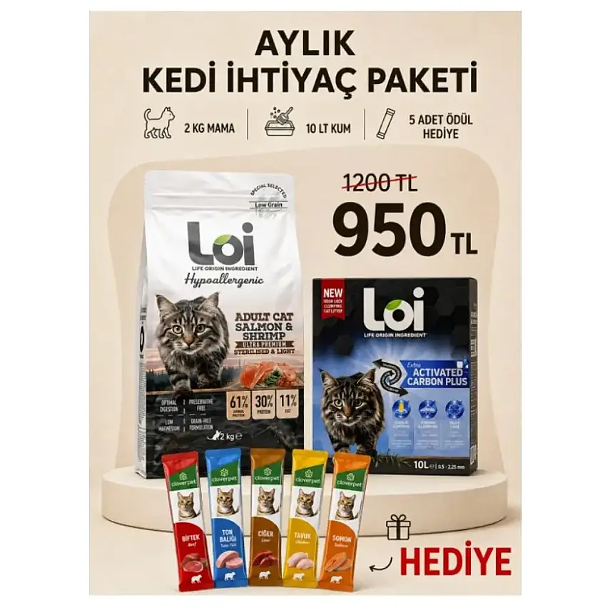 Loi Aylık Kedi İhtiyaç Paketi – 2 KG Kısır Somon Ve Karides Mama + 10 KG Kum + 5’li Karışık Ödül Maması - 1