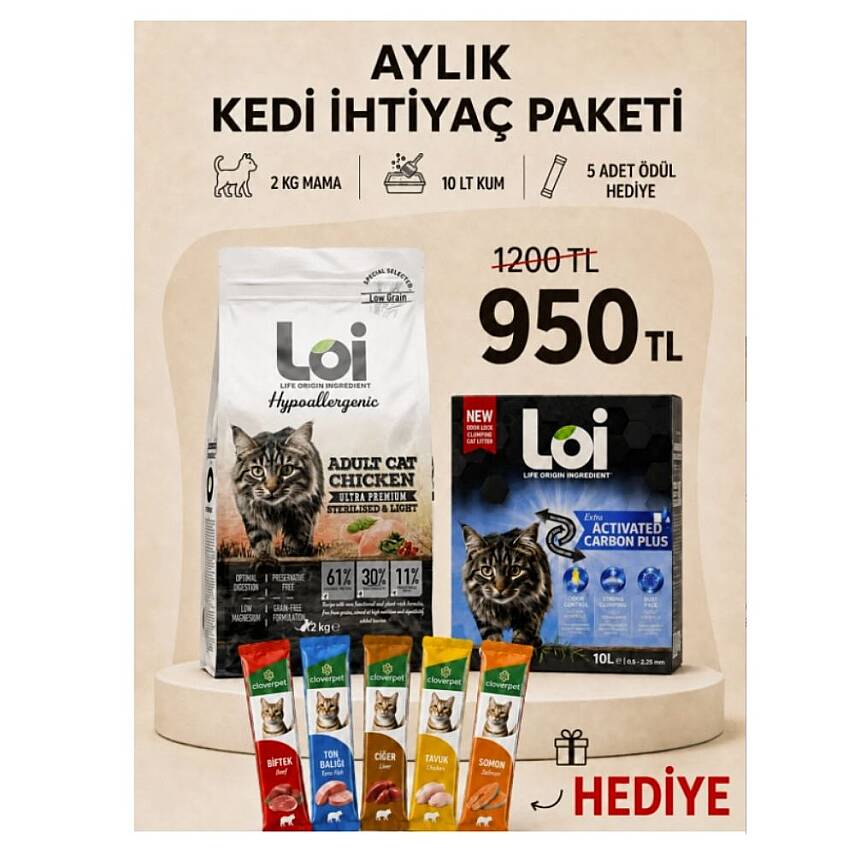 Loi Aylık Kedi İhtiyaç Paketi – 2 KG Kısır Tavuklu Mama + 10 LT Kum + 5’li Karışık Ödül Maması - 1