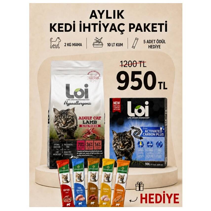 Loi Aylık Kedi İhtiyaç Paketi – 2 KG Kuzulu Mama + 10 LT Kum + 5’li Karışık Ödül Maması - 1