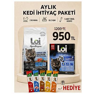 Loi Aylık Kedi İhtiyaç Paketi – 2 KG Somonlu Mama + 10 LT Kum + 5’li Karışık Ödül Maması 
