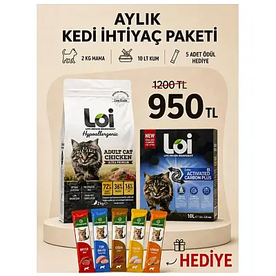 Loi Aylık Kedi İhtiyaç Paketi – 2 KG Tavuklu Mama + 10 LT Kum + 5’li Karışık Ödül Maması