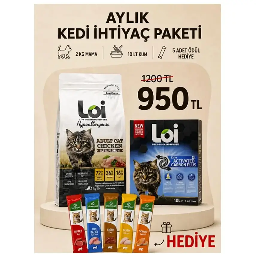 Loi Aylık Kedi İhtiyaç Paketi – 2 KG Tavuklu Mama + 10 LT Kum + 5’li Karışık Ödül Maması - 1