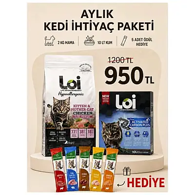 Loi Aylık Kedi İhtiyaç Paketi – 2 KG Yavru Ve Anne Tavuklu Mama + 10 KG Kum + 5’li Karışık Ödül Maması