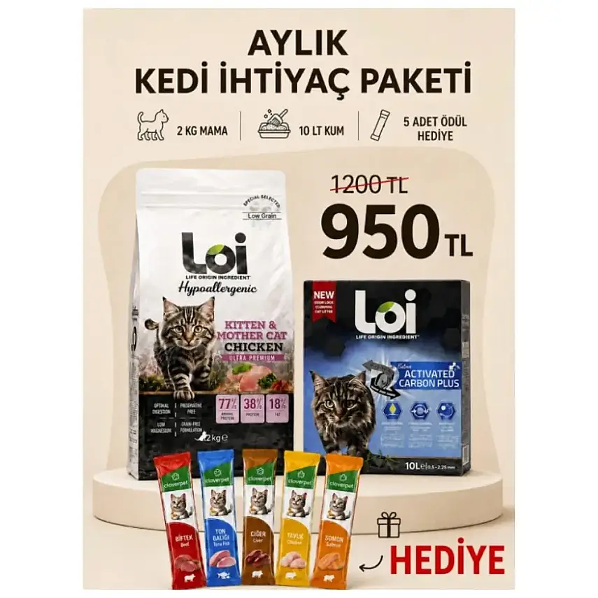 Loi Aylık Kedi İhtiyaç Paketi – 2 KG Yavru Ve Anne Tavuklu Mama + 10 KG Kum + 5’li Karışık Ödül Maması - 1